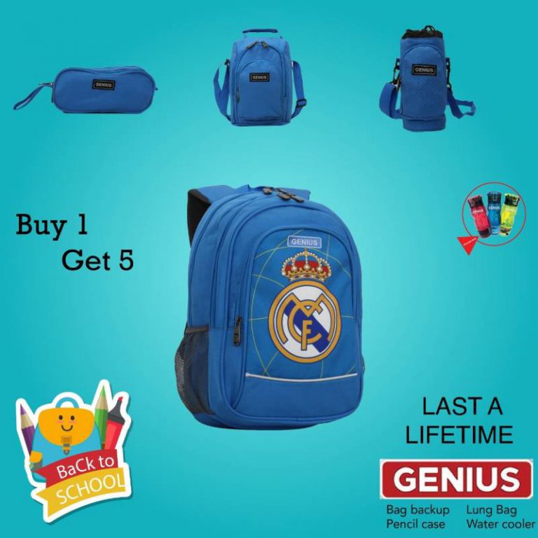 School 16″ Backpack 5 in 1 Genius Lunch pack + Water bottle + Bottle bag + Pencil case Real