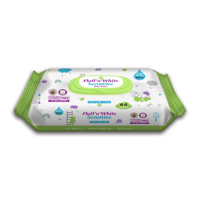 Fluff n White Baby Wipes Sensitive x64 Perfume Free – Paraben